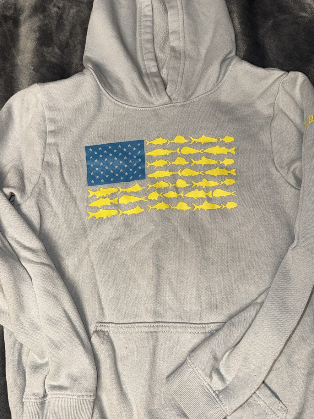 Columbia Light Gray Hoodie with Blue and Yellow Fish Flag Graphic